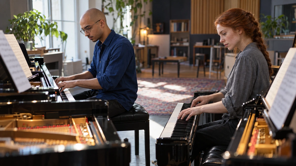 Deux pianistes jouent sur des pianos à queue dans une grande pièce.