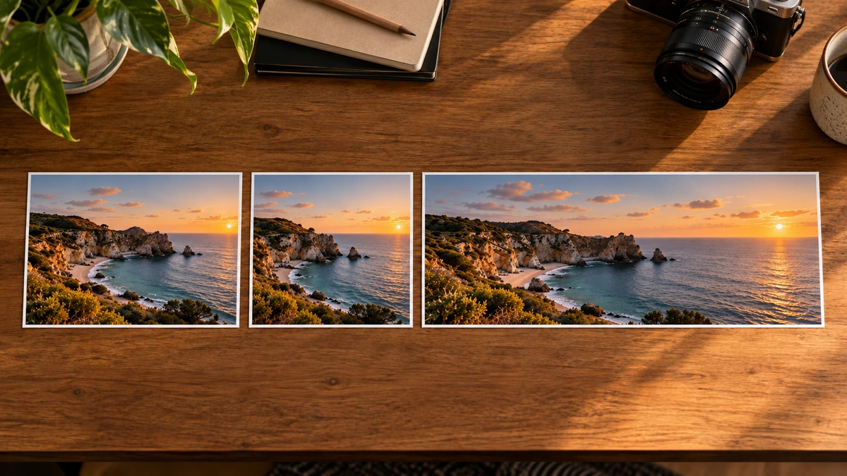 Trois photographies du même paysage présentent des cadres de proportions différentes.
