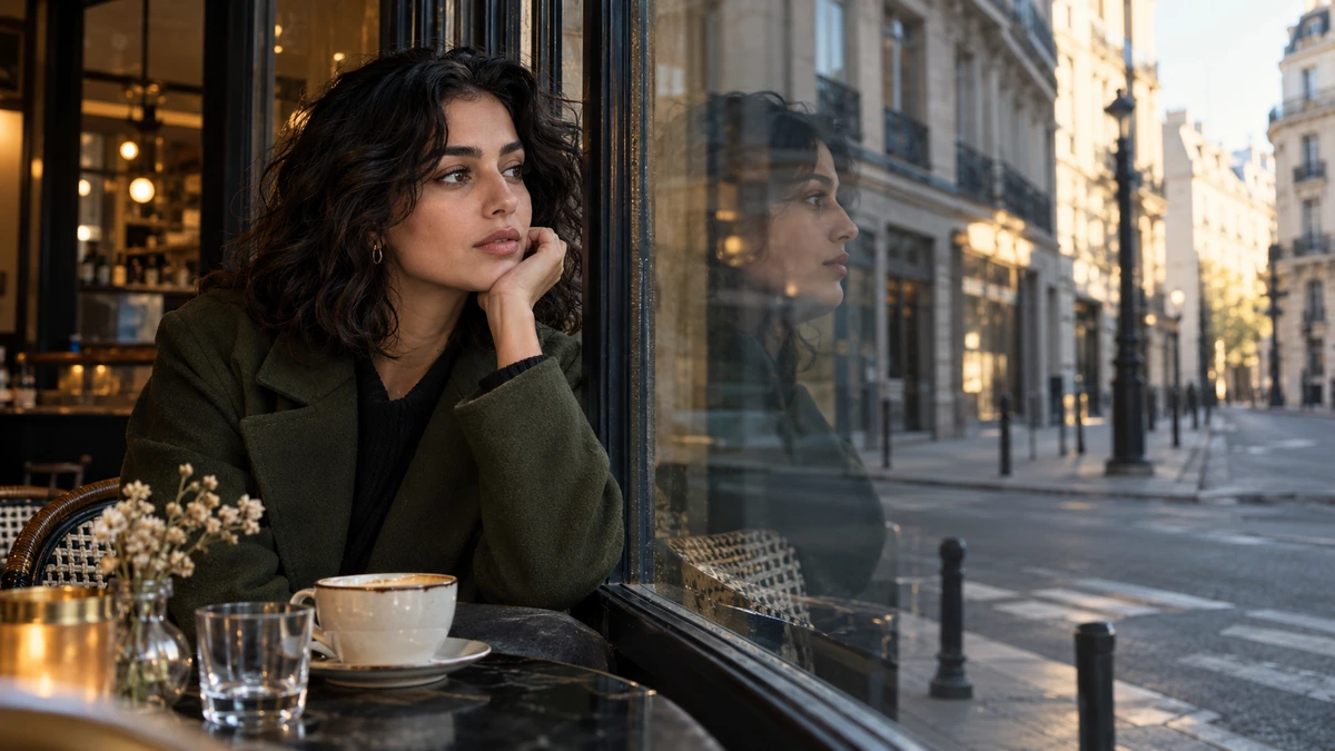 Le reflet d’une rue apparaît dans la vitre à côté d’une personne assise.