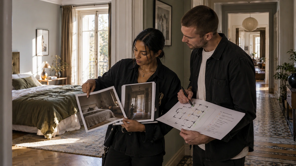 Deux personnes comparent des photographies de décor et un plan dans une pièce.