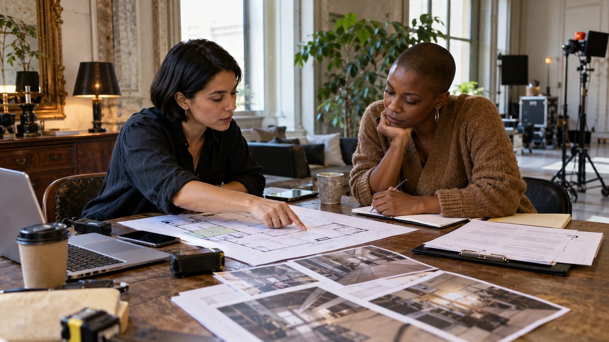 Deux personnes comparent des documents et des photographies sur une table.