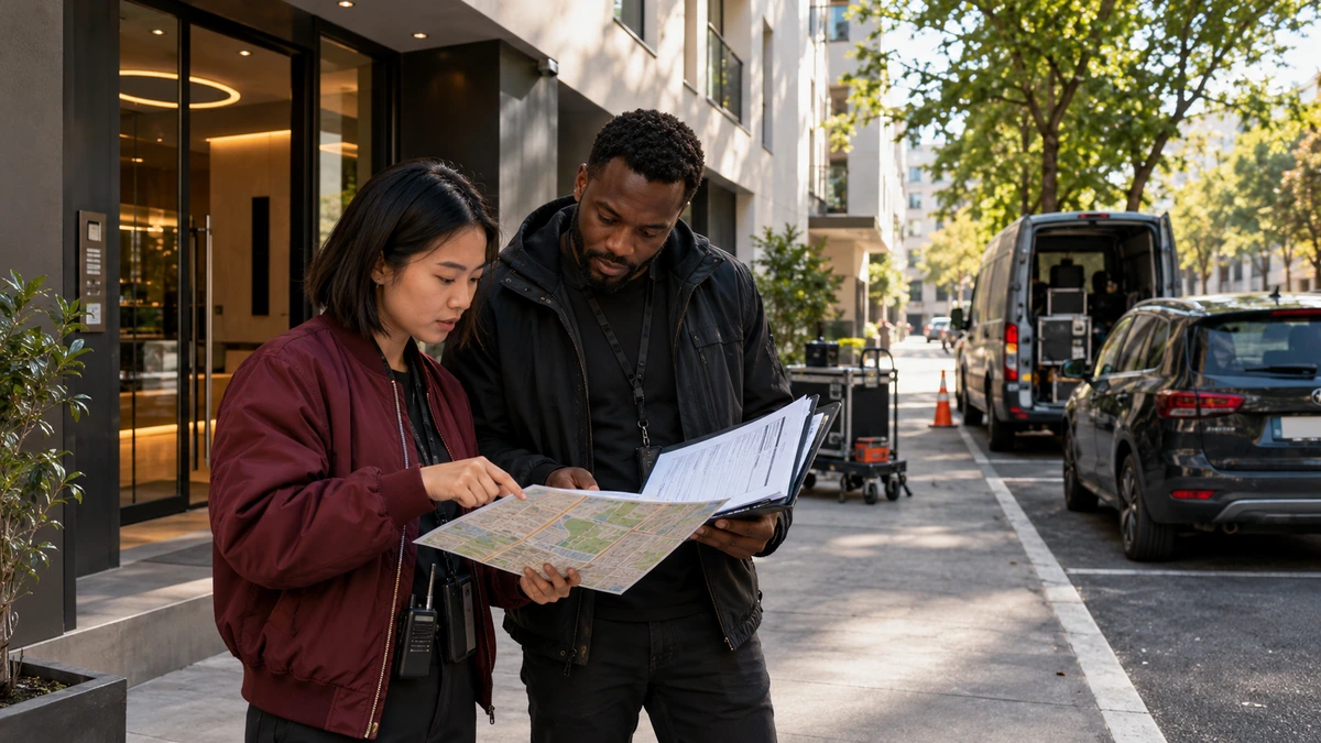 Deux personnes consultent des documents dans une rue.
