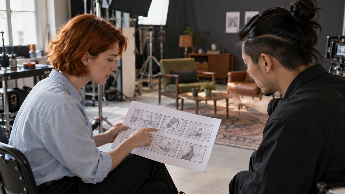 Deux cinéastes relisent les actions d’une scène à partir de son storyboard.