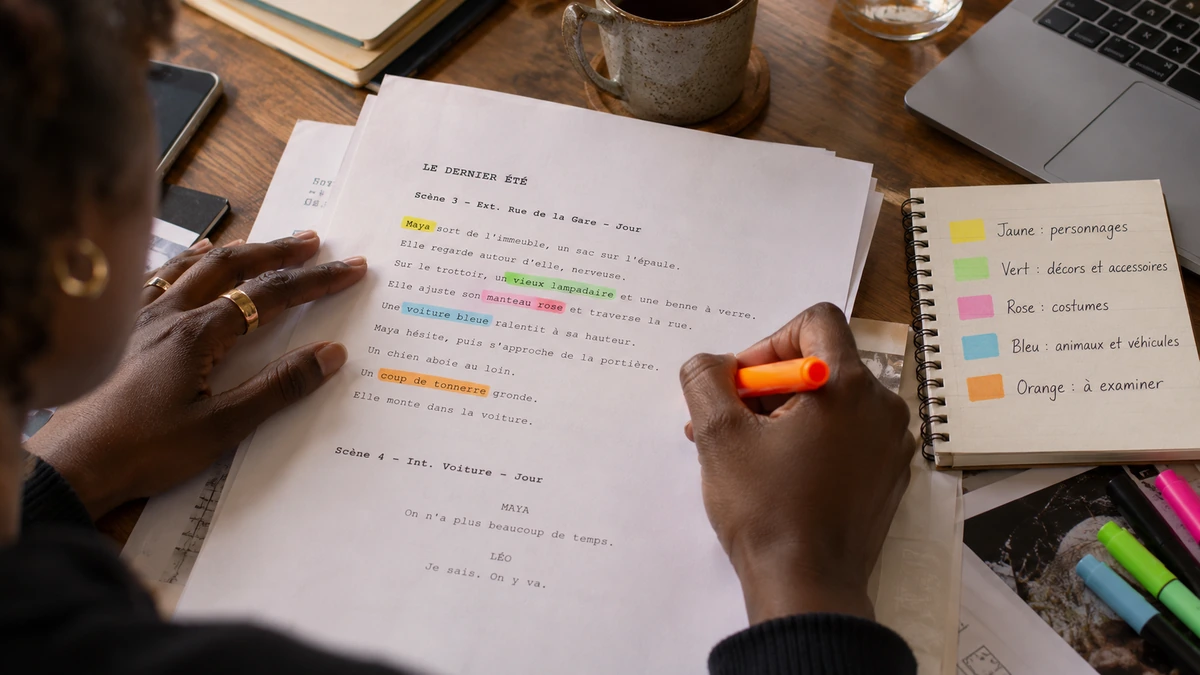 Des mains surlignent un scénario avec une légende de couleurs dans un carnet.