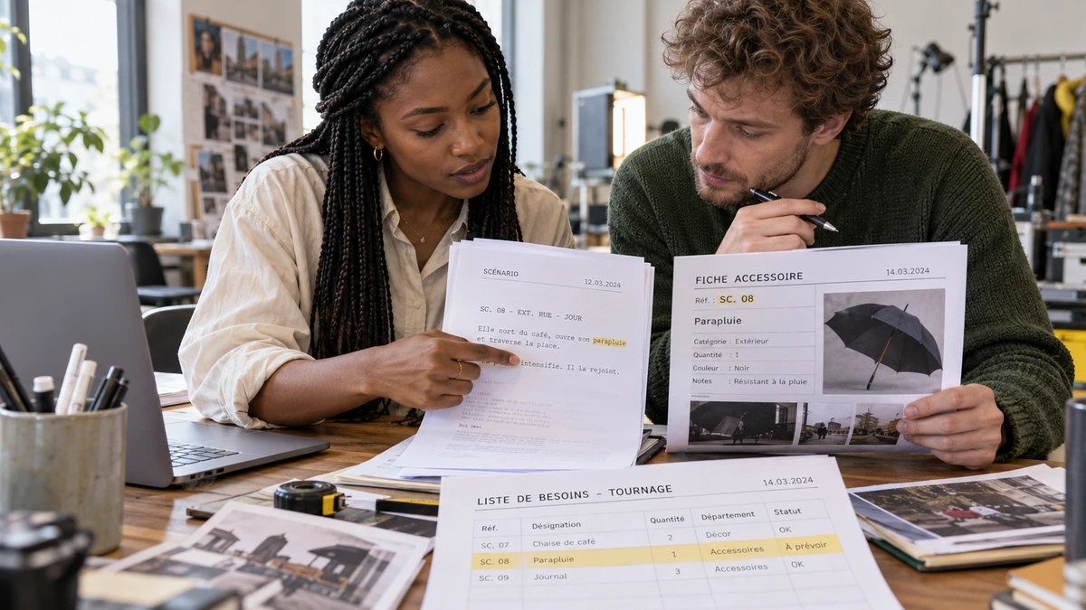Deux personnes comparent une scène et des fiches de besoins autour d’une table.