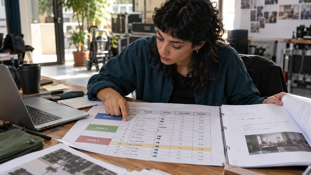 Une personne relit un plan de travail avec des dossiers de repérage.