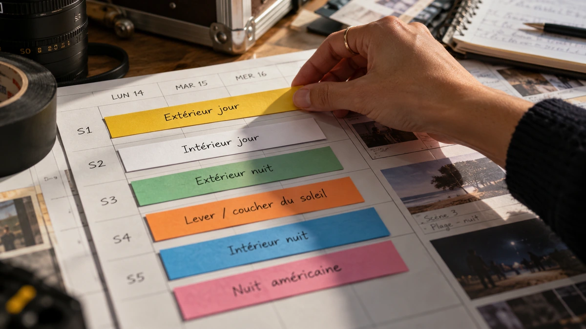 Des mains organisent les scènes et leurs créneaux sur un plan de travail.