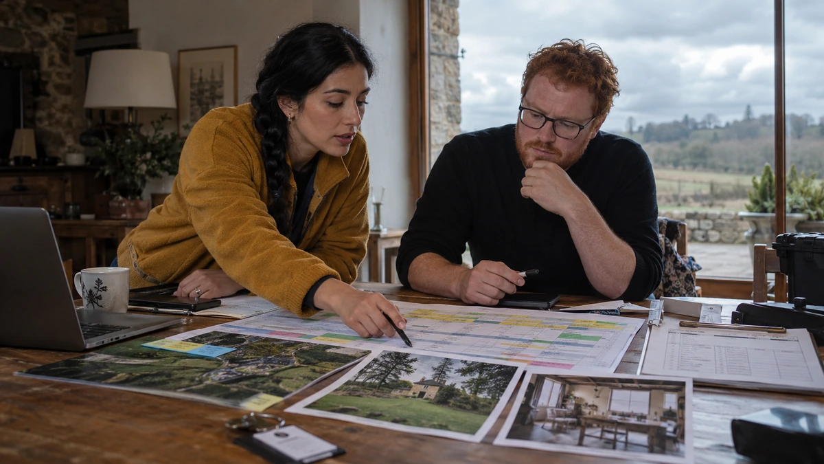Deux personnes confrontent un planning et des photographies de lieux sur une table.