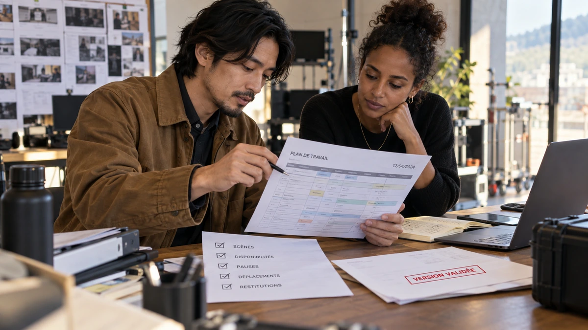 Deux personnes contrôlent ensemble une version imprimée du plan de travail.