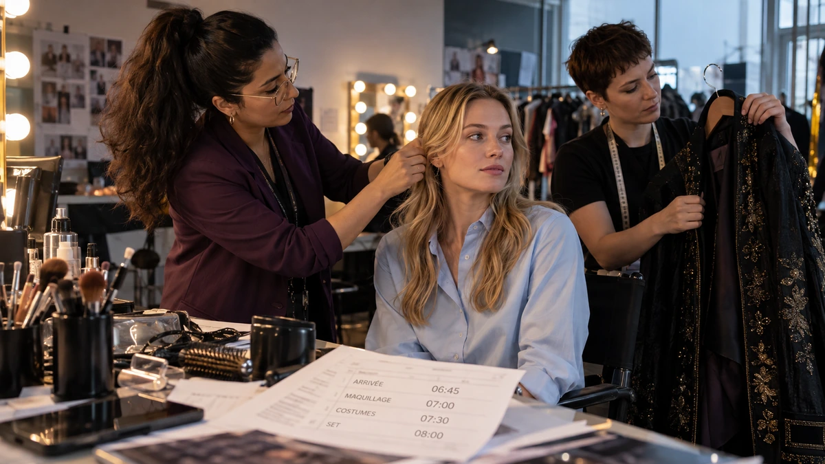 Une interprète est préparée à la coiffure et aux costumes à côté d’une feuille de service.