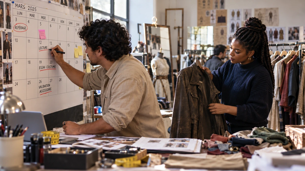 Une personne écrit sur un calendrier mural pendant qu’une autre prépare des costumes.
