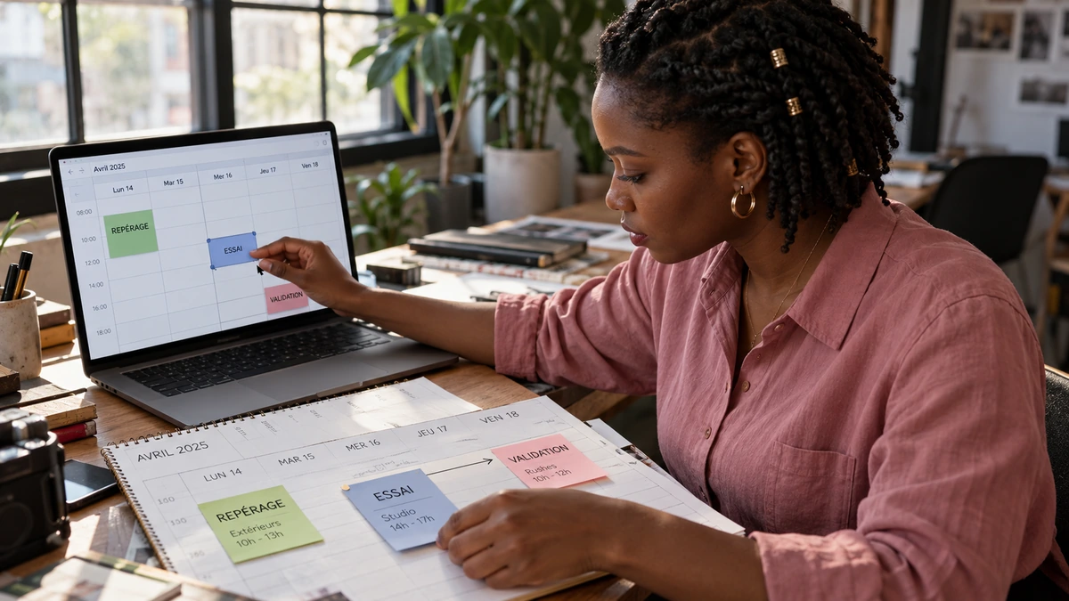 Une personne rapproche des notes de préparation et un calendrier affiché sur son ordinateur.