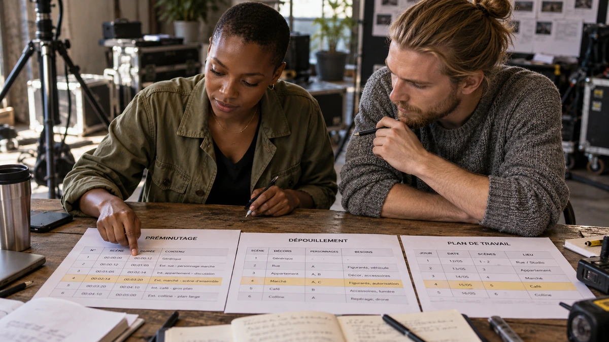 Deux membres d’une équipe construisent le timing et le plan de travail du tournage.