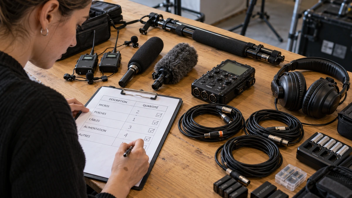 Une personne vérifie une liste à côté de microphones, de câbles et d’un enregistreur.