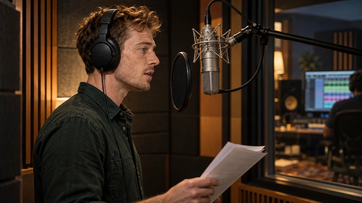 Un interprète lit un texte devant un microphone de studio et un filtre anti-pop.