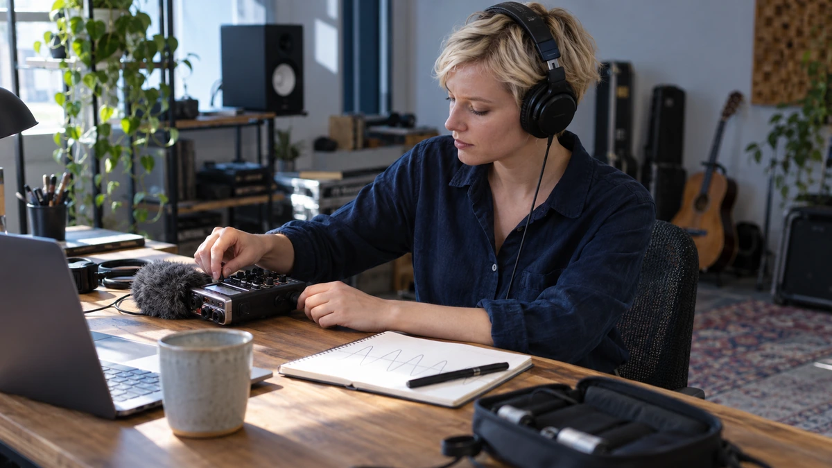 Une personne au casque vérifie son matériel audio et sa fiche de préparation.