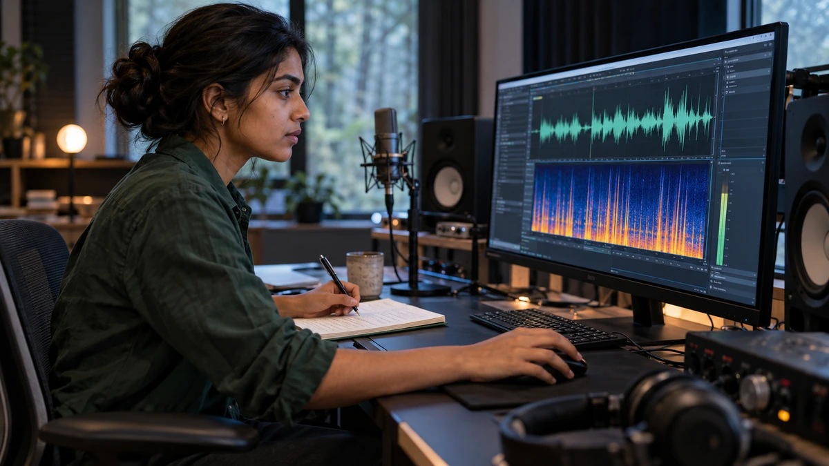 Une créatrice examine une forme d’onde et un spectre sur un poste de travail audio.