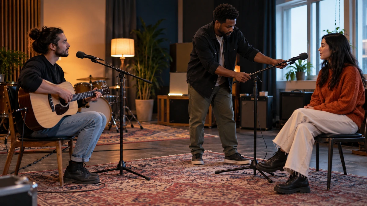Une équipe prépare deux microphones près de sources sonores distinctes.