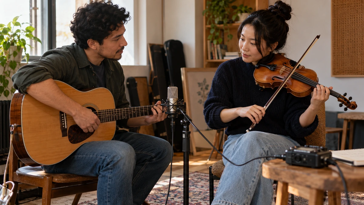 Un guitariste et une violoniste jouent ensemble dans une pièce de travail.