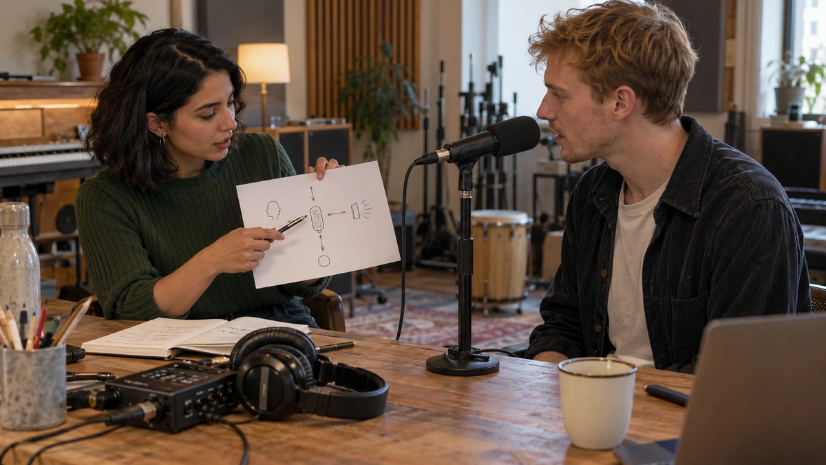 Deux personnes préparent un essai de microphone autour d’une table.