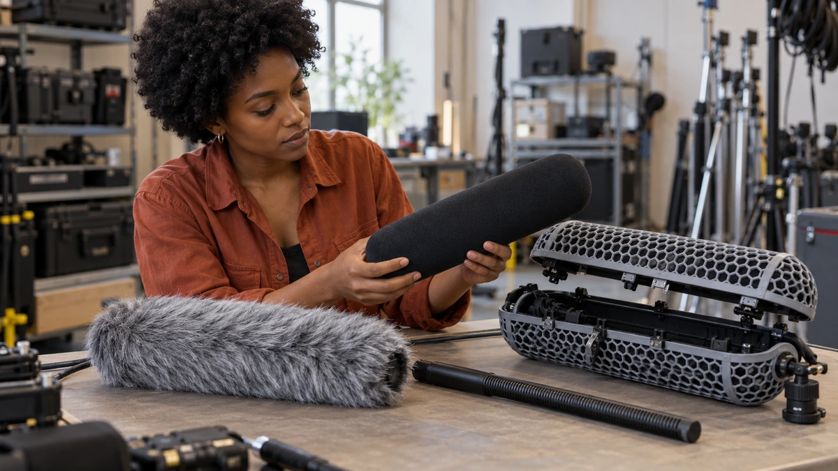 Une technicienne compare plusieurs protections anti-vent pour microphone.