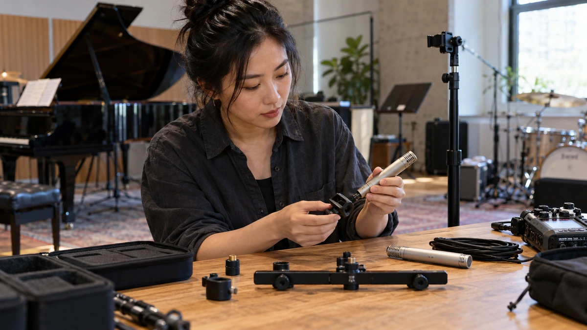 Une technicienne prépare des microphones et leurs supports sur une table.