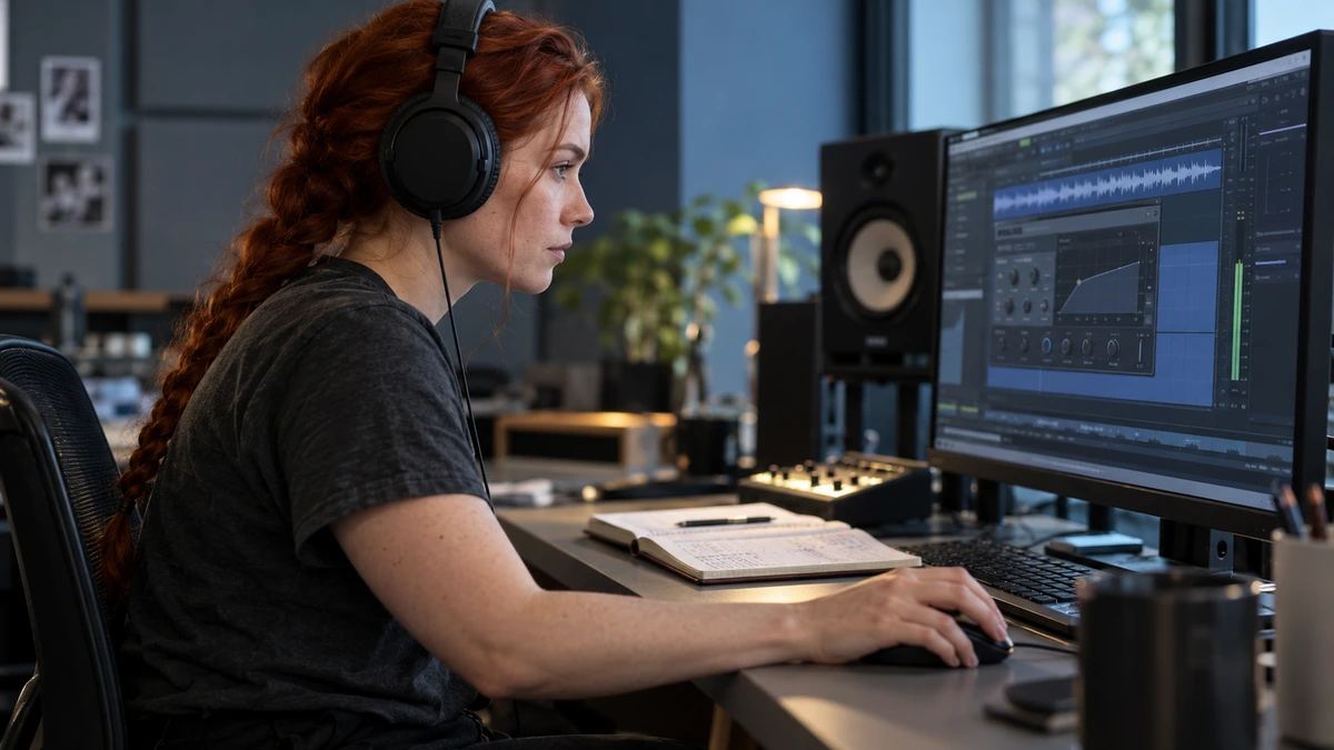 Une monteuse au casque ajuste une session audio.