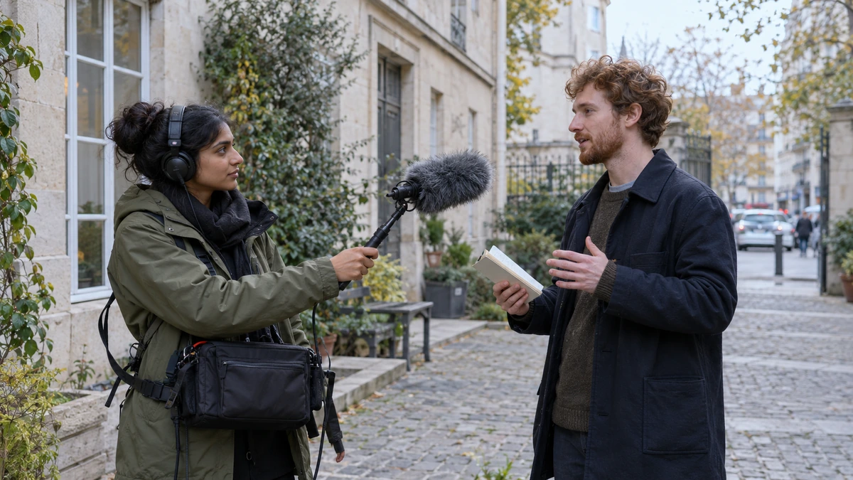Une équipe écoute les sons d’un lieu pendant un entretien extérieur.