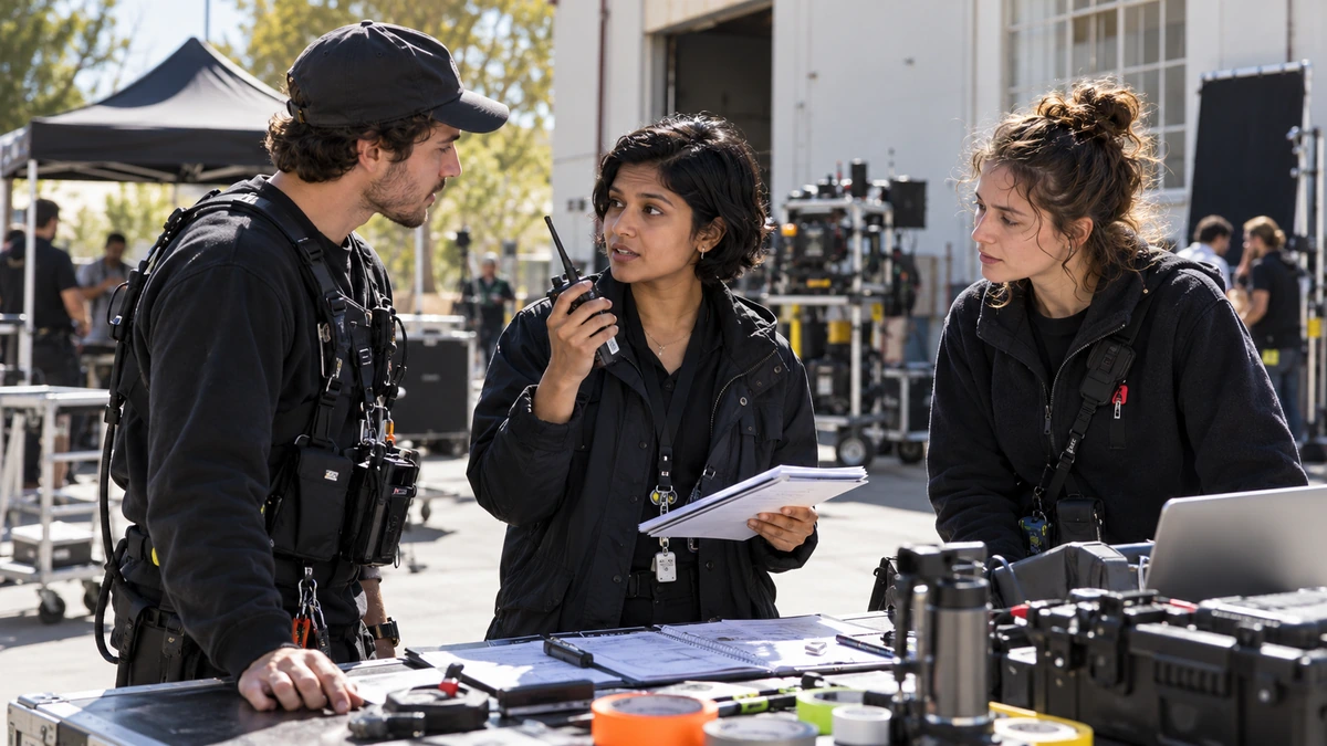 Trois personnes coordonnent une installation de tournage avec des notes et un moyen de communication.