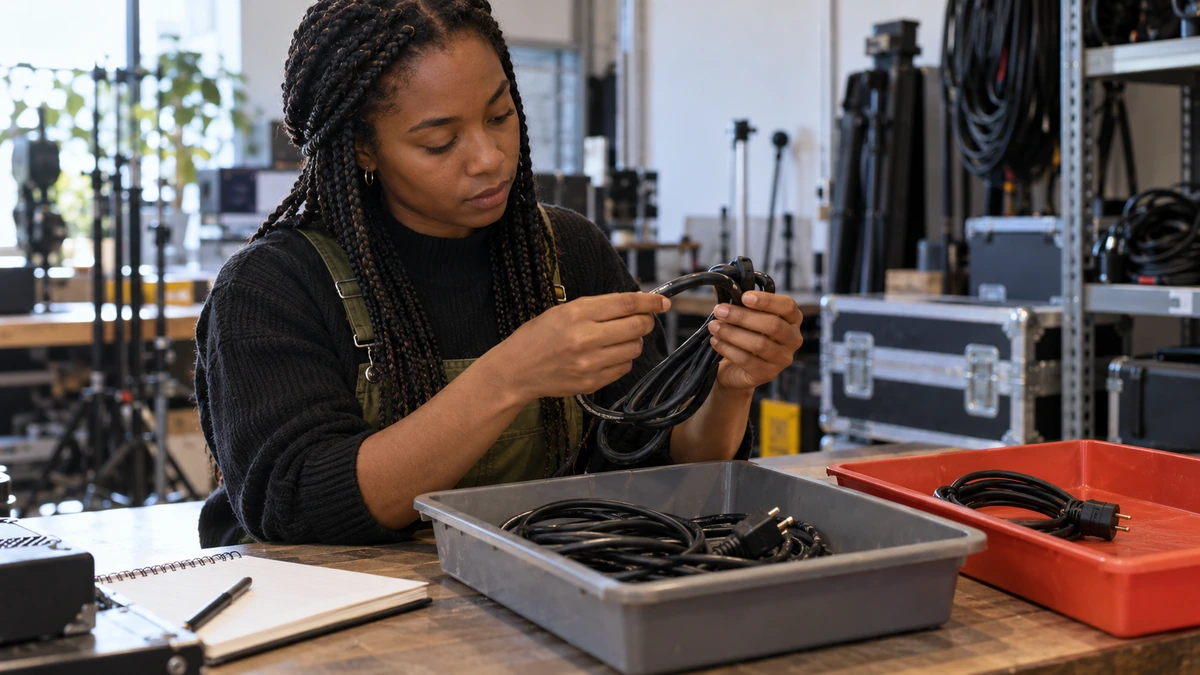 Une femme examine les connecteurs d’un câble au-dessus d’un bac de matériel.