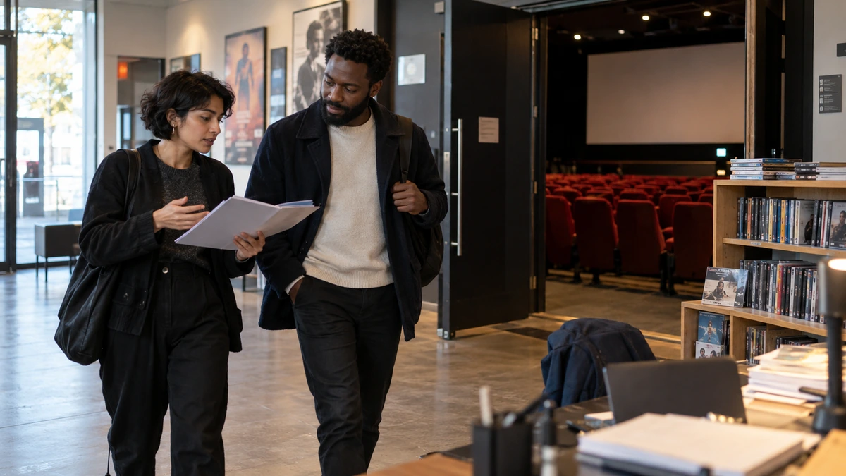Deux cinéastes examinent la salle et les conditions d’une projection.