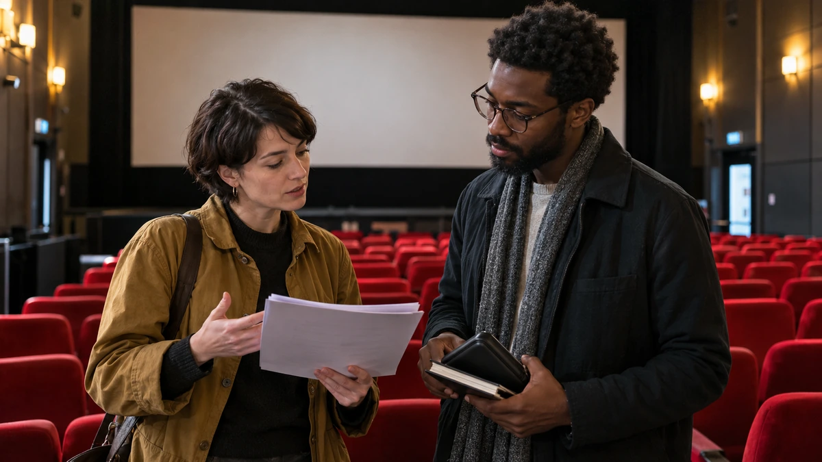 Deux professionnels préparent une projection avec un document dans une salle de cinéma.