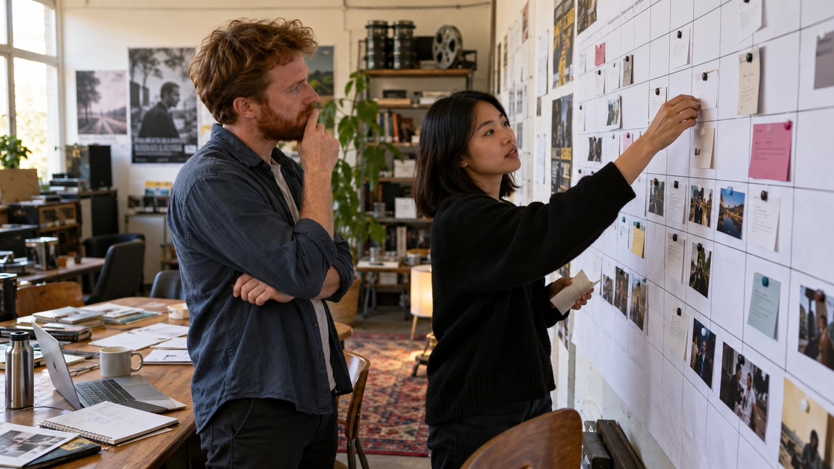 Deux personnes organisent les étapes de diffusion sur un calendrier mural.