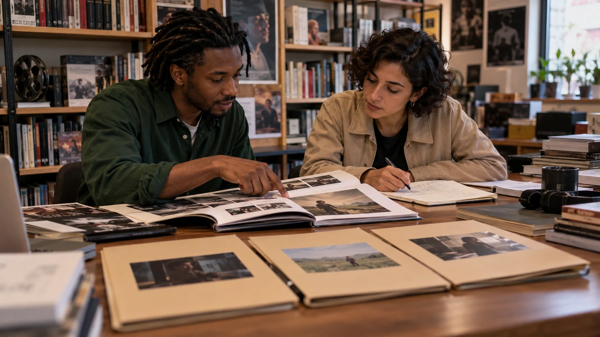 Deux personnes comparent des documents et des images sur une table de préparation.