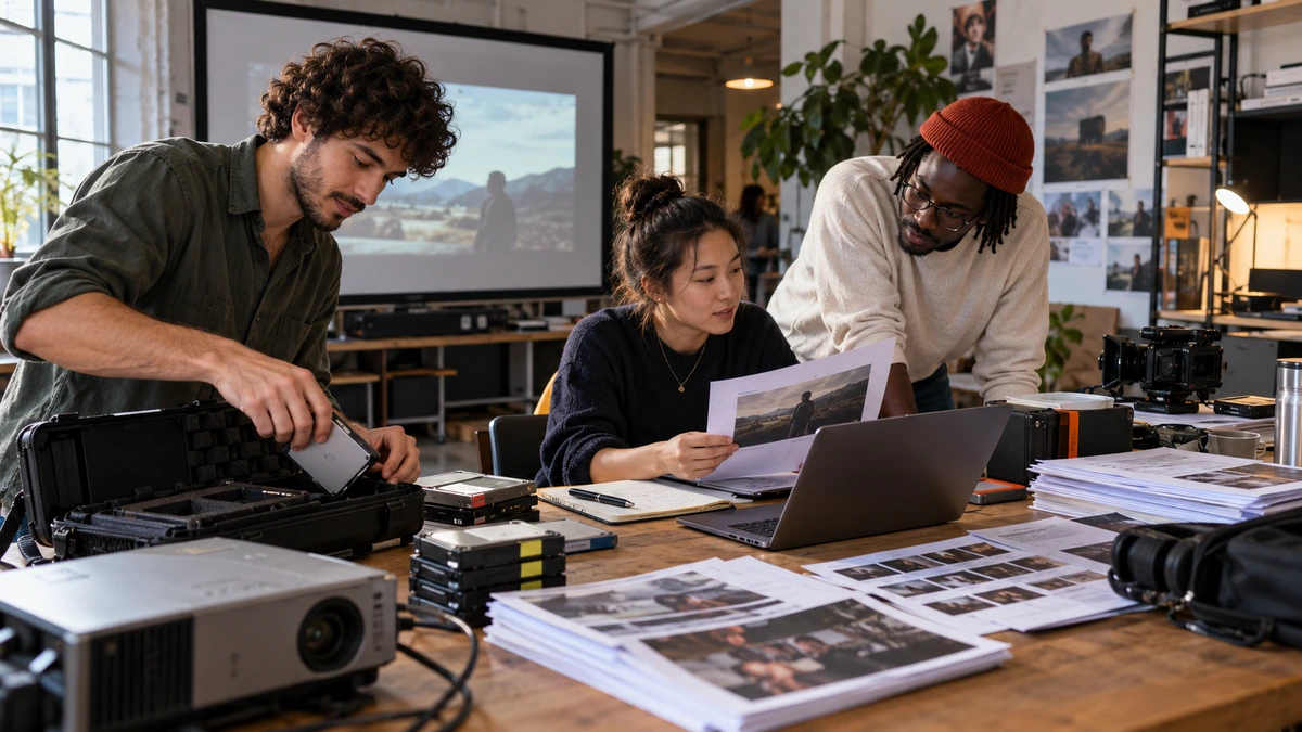 Une petite équipe prépare une projection avec un projecteur et des documents techniques.
