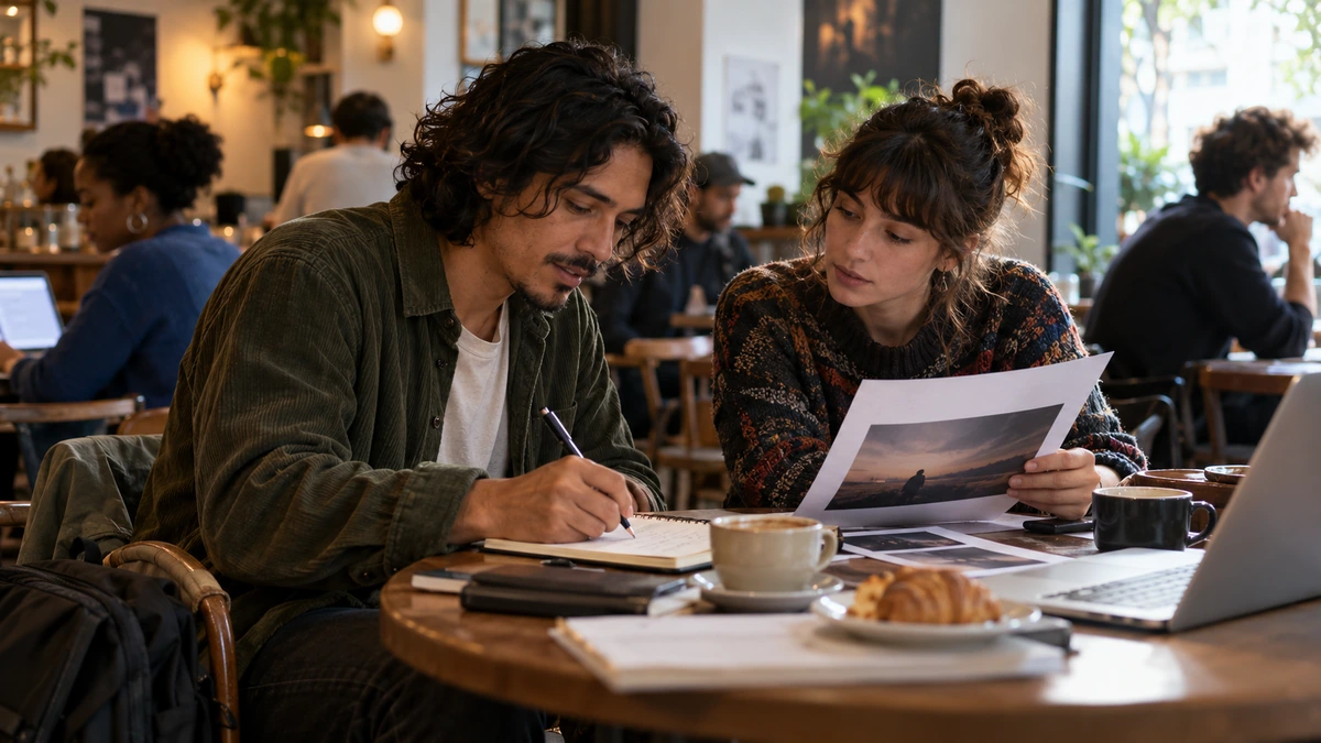 Deux cinéastes relisent ensemble un document dans un café.