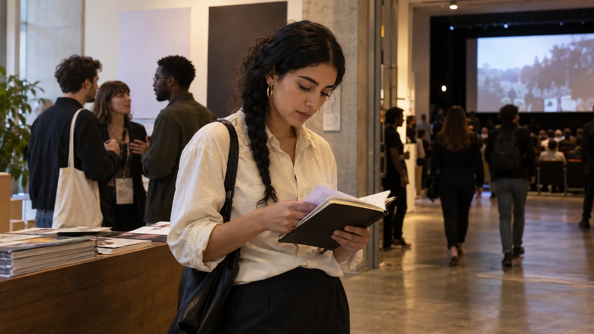Une réalisatrice prend des notes dans un lieu de rencontre cinématographique.