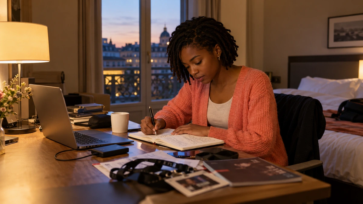 Une réalisatrice travaille à son ordinateur et prend des notes en soirée.