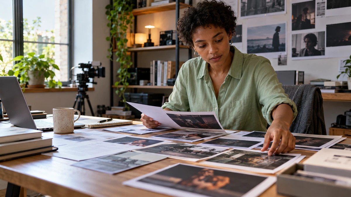 Une réalisatrice prépare les photographies et les documents de présentation de son film.