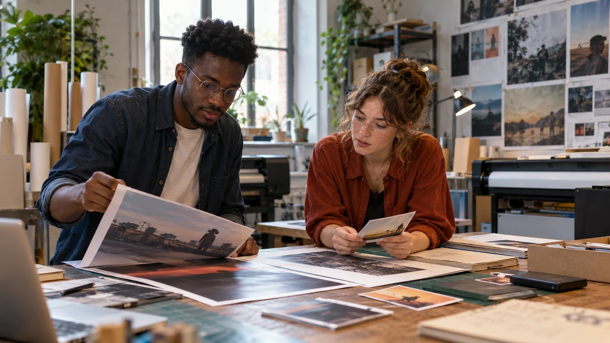 Deux personnes relisent des documents et des visuels destinés à la présentation d’un film.