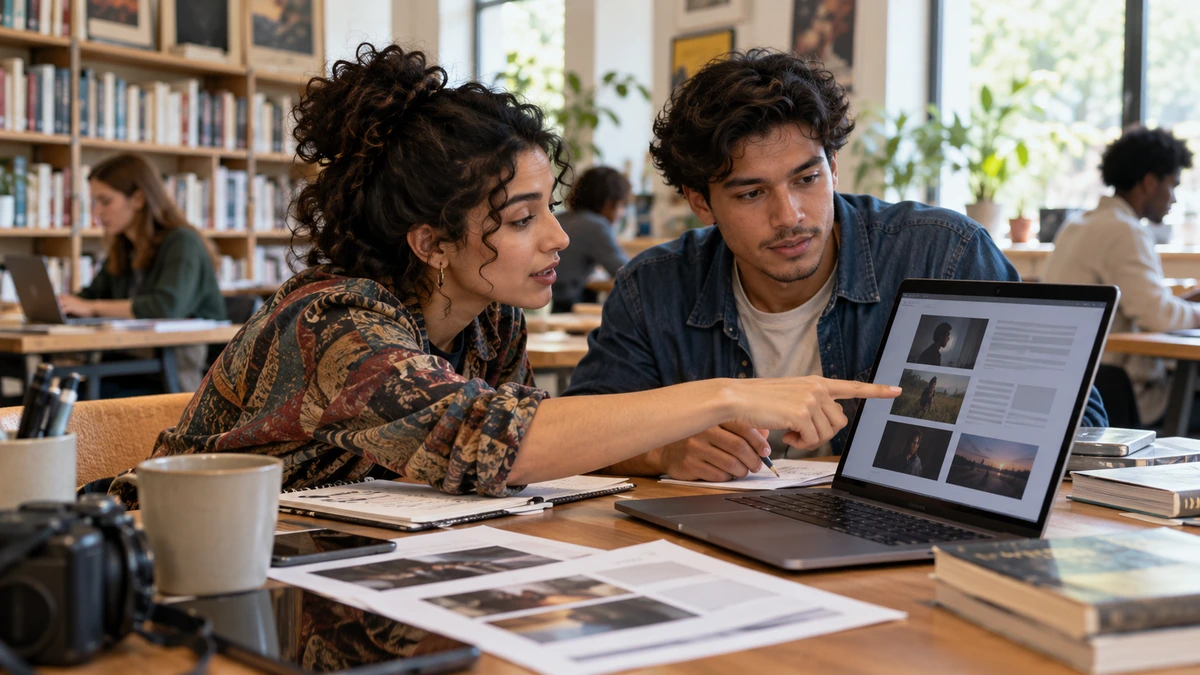 Deux personnes consultent des images et un dossier sur un ordinateur portable.