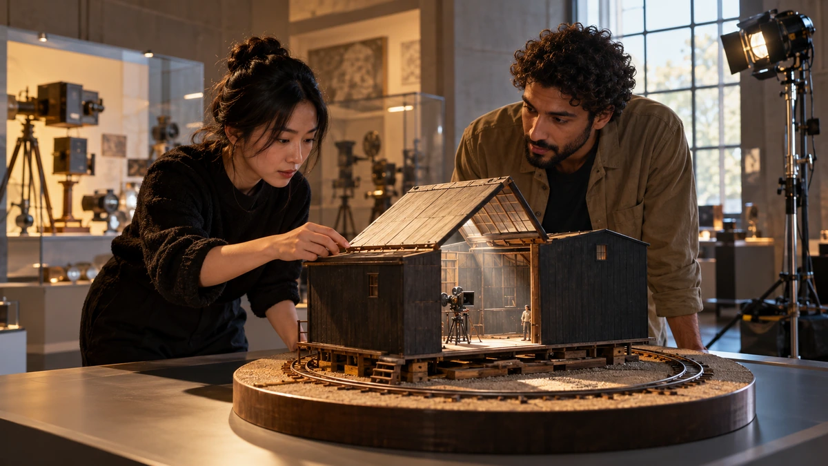 Deux cinéastes examinent la fabrication d’un décor miniature sur leur table.