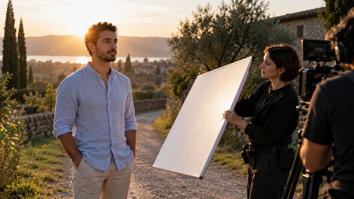 Une équipe filme une personne en extérieur avec un panneau blanc à proximité.