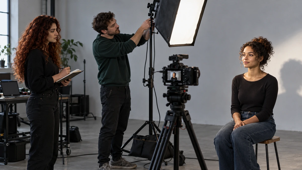 Une équipe compare plusieurs directions de lumière sur le visage d’une personne assise.