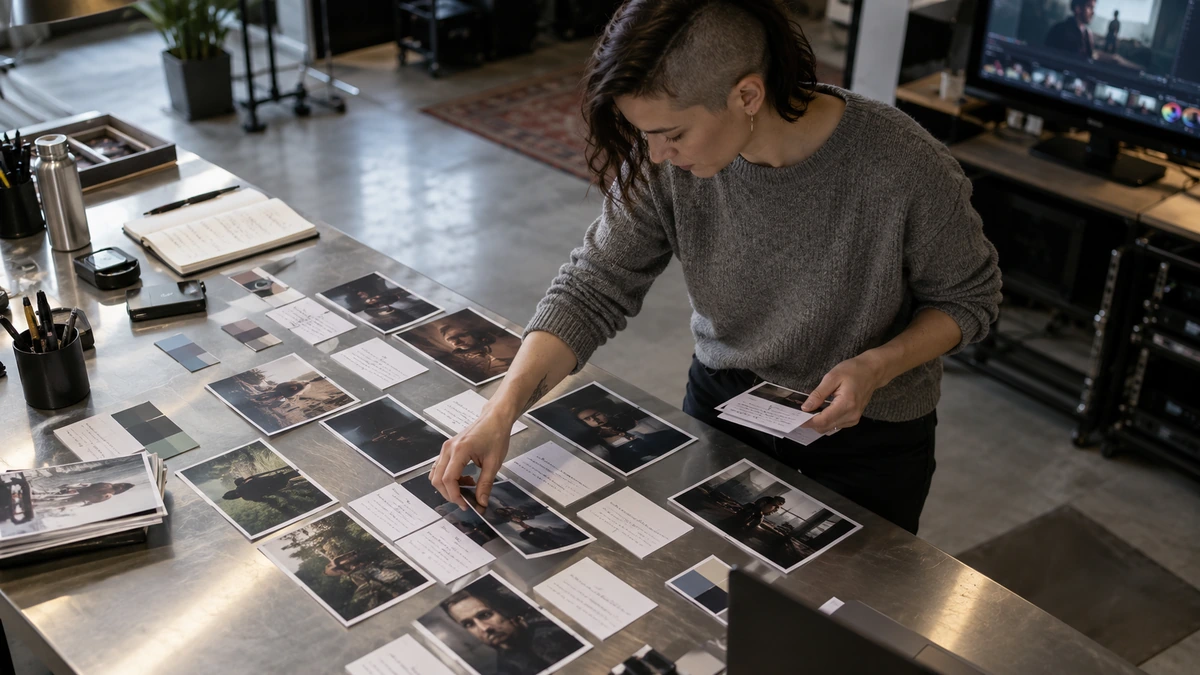Une personne compare des images de référence imprimées sur une table.