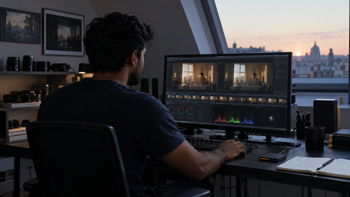 Une personne travaille le rendu d’une séquence dans un logiciel d’étalonnage.