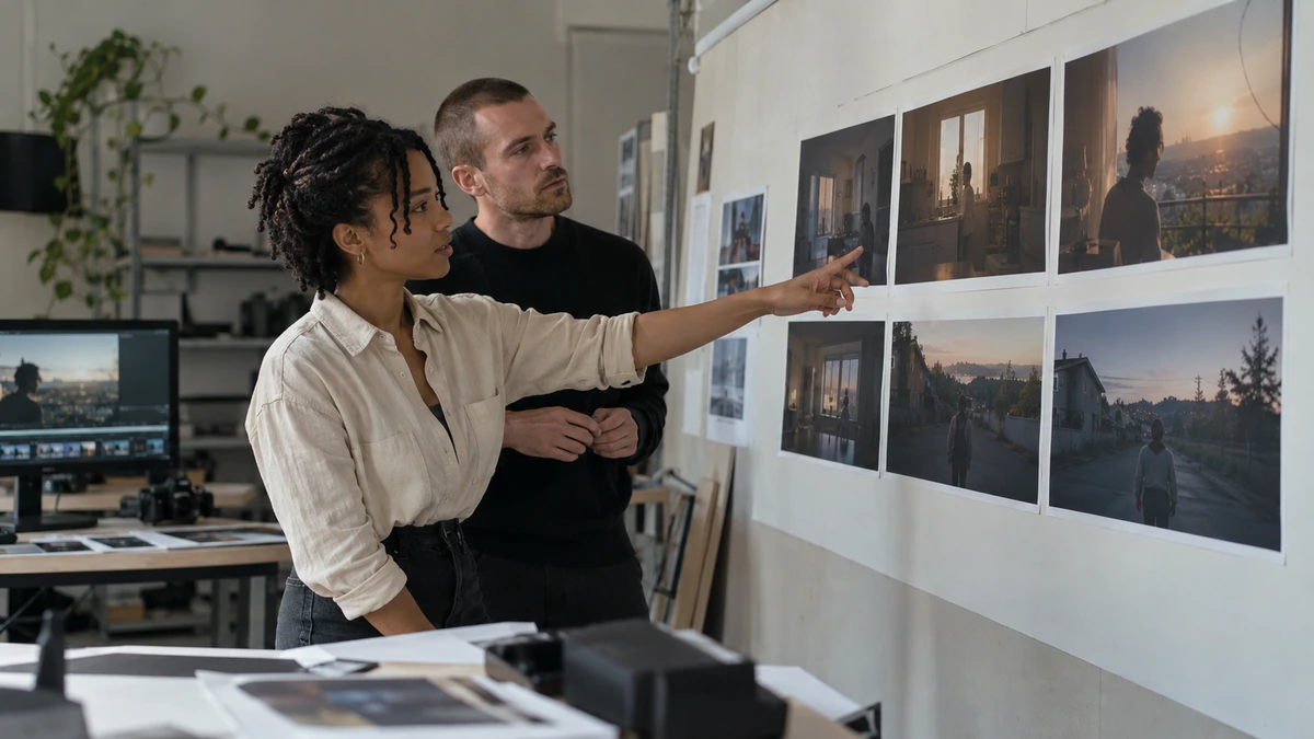 Deux cinéastes choisissent des images représentatives de leur scène sur un mur de travail.