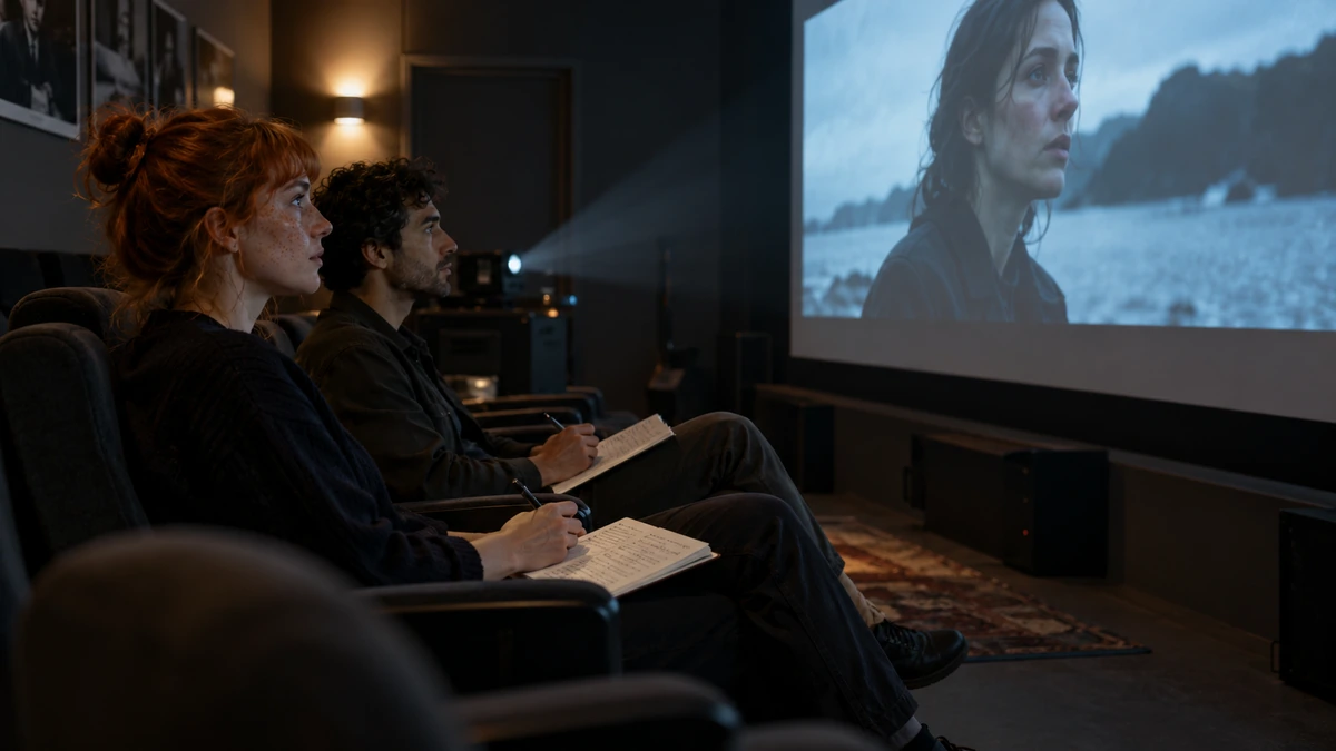 Deux membres d’une équipe regardent leur film en projection et prennent des notes.