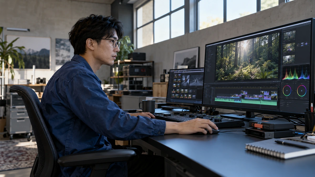 Un homme examine un montage et une image de forêt sur deux écrans.