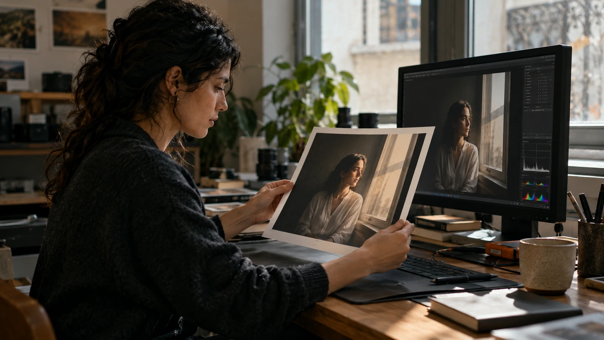 Une femme compare un portrait imprimé et une image à l’écran.